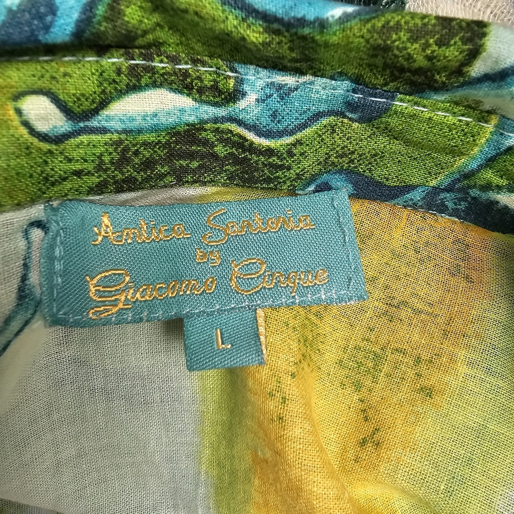 Antica Sartoria by Giacomo Cinque Tunic Shirt L Large Green Blue Coral Print - Picture 9 of 12
